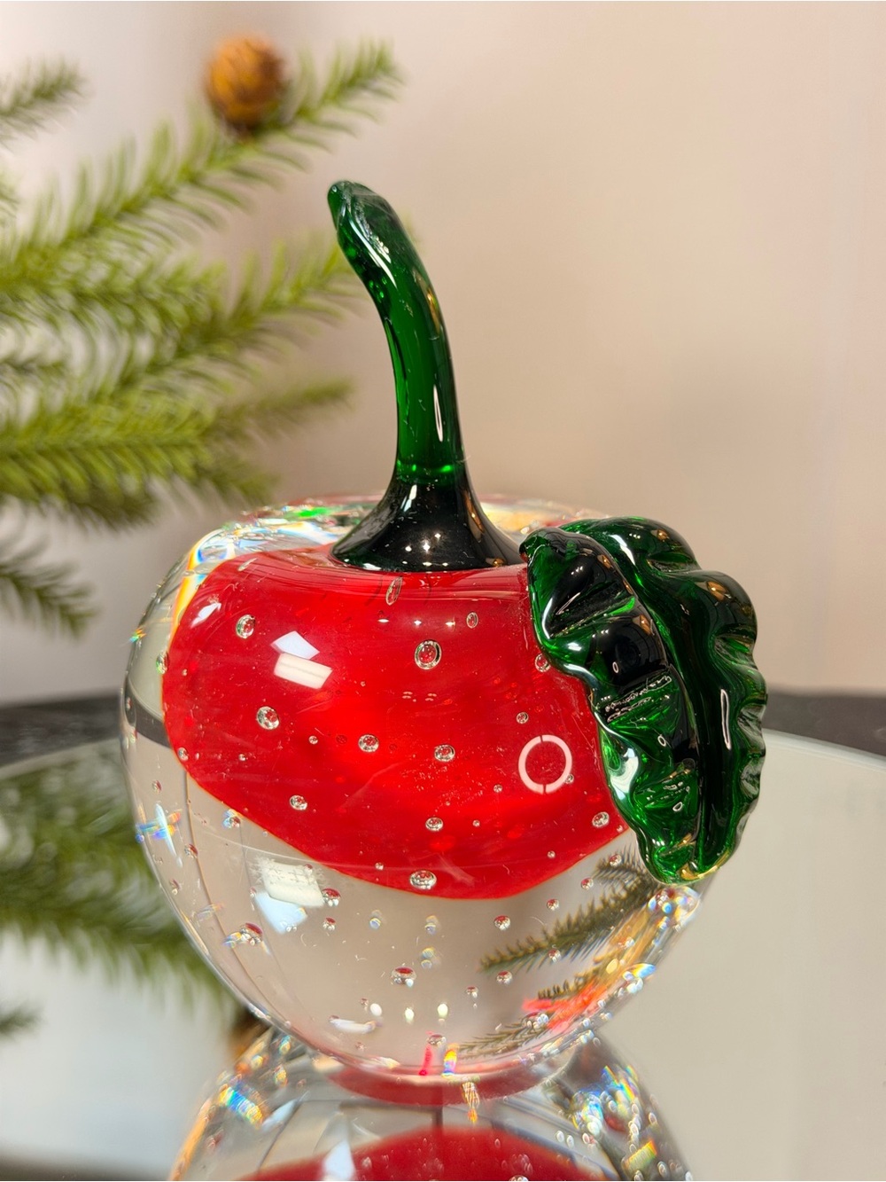 Vintage 1980s Murano Art Glass Apple Paperweight Red & Green Controlled Bubbles